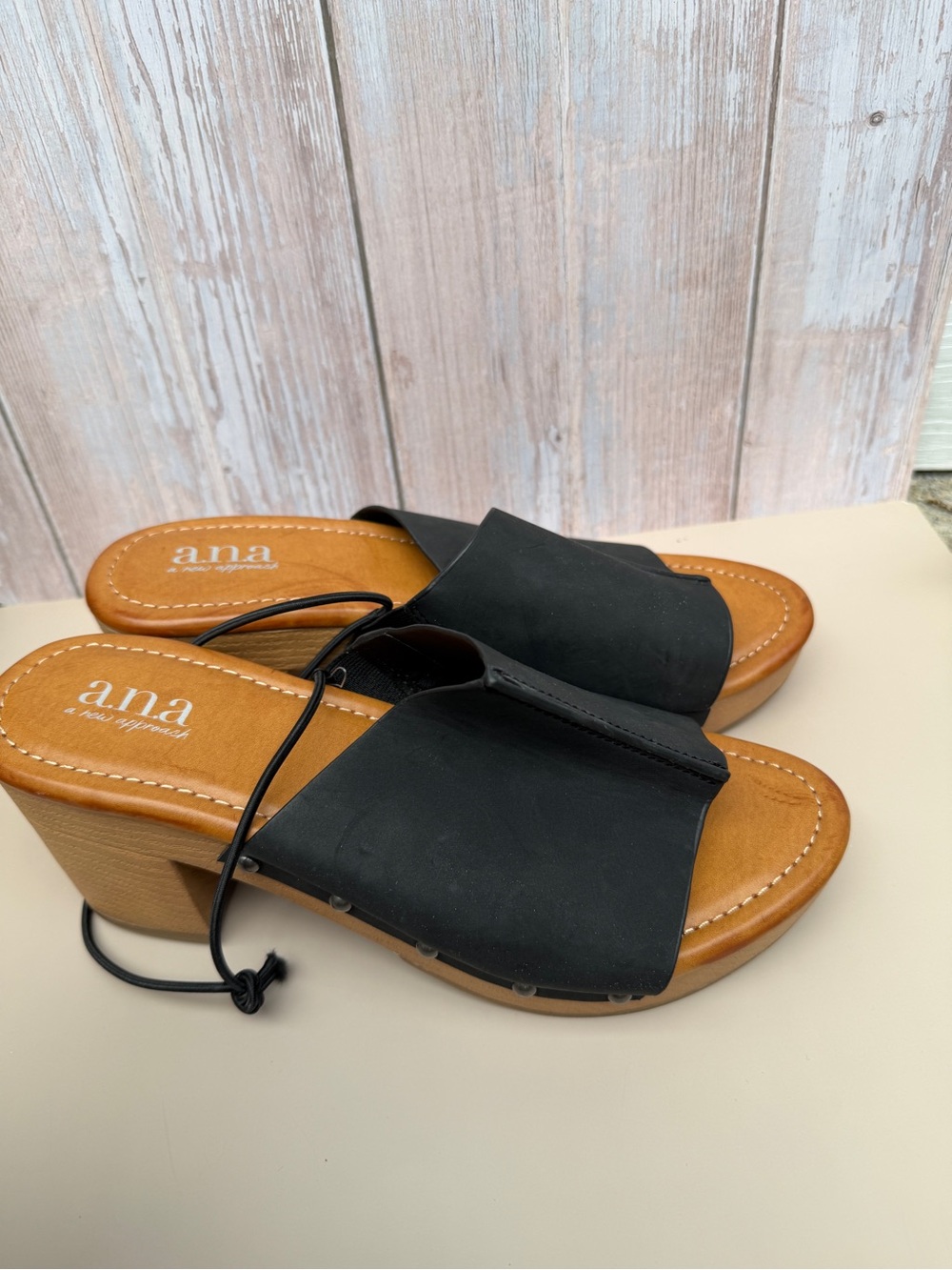 a.n.a Black Slide Clogs with Low Wood-Tone Heel